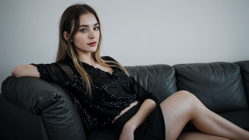 an icelandic woman with beautiful Delicate eyes, Beautiful and delicate lips, Extremely detailed face and skin, Pale skin, 23 years old, Wearing a dark lace top, black sequined skirt, skirt, high heels, medium long shot, Sitting on the sofa in the living room, sitting posture, beautiful lights, sexy figure, long legs, full body portrait. Beautiful photography,Long eyelashes, Good anatomy , Practical skin texture, Delicate eyes, professional, 4K, Wide-angle lens, Optical Depth of Field, Kodak Vision Color, Perfectly proportioned body, Extremely detailed, ultra-photoPractical, Practical, Post-Processing, Maximum details, Roughness, real life, ultra -Practical, Photorealism, photography, 8K Ultra HD, photography