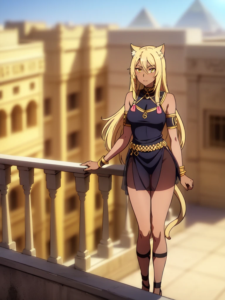 1girl ,solo,20s,mature female,blonde hair,long hair,cat ears,yellow eyes,(((dark skin))),(on the balcony, Egypt city, blue sky, sun),egypt oufit,bare shoulders,form my side