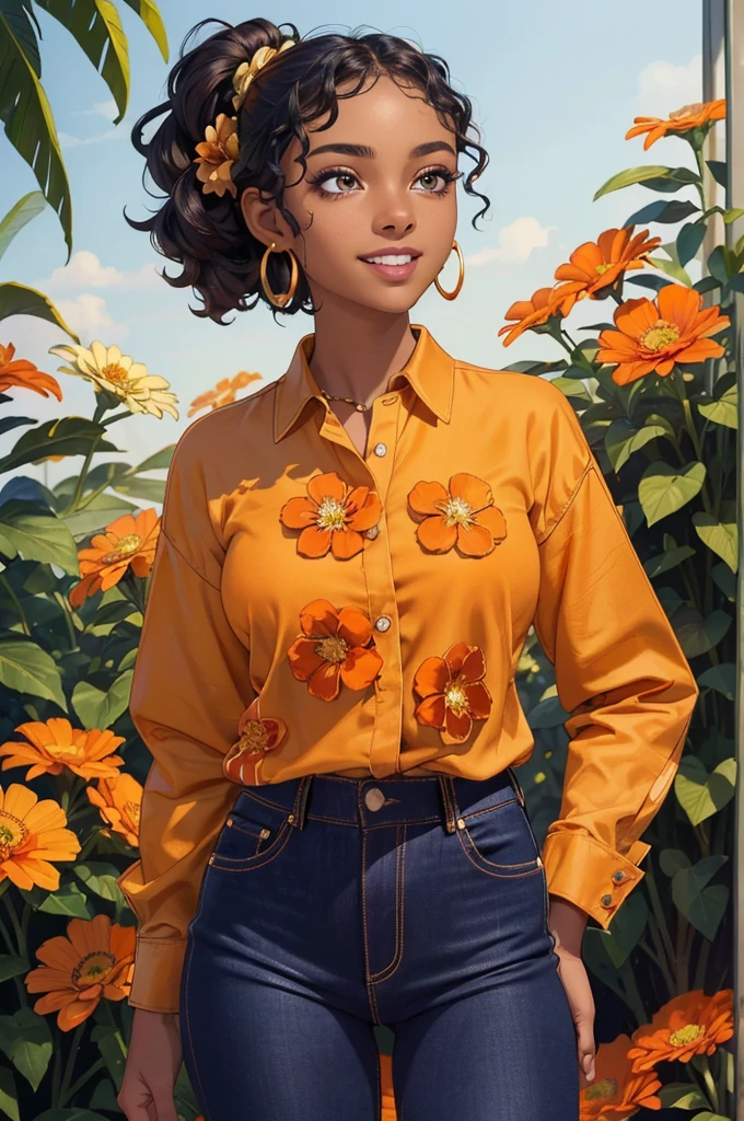 (((Masterpiece, Best Quality, High Resolution)))), Extremely detailed 8K, (Ultra HD, Ultra-detailed, Highly detailed, Highly realistic, Ultra-realistic, photograph realistic), (HD Quality), sharp focus, (Close up shot), African-American, 16 year old girl, Beautiful face, Full lips, Black girl makeup, Voluptuous body, (Black afro curly ponytails), (Amber eyes, sharp eyes), Dark skin tone, (((Gold earrings, Summer orange floral flare shirt, navy blue skinny jeans))), (looks directly at the camera, happy expression, pretty smile), neighborhood setting, summertime, zinnia garden, (glowing skin texture, beautiful detailed eyes, sun shining)