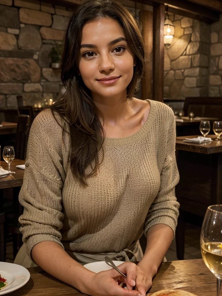 In a gourmet restaurant in Italy, a young woman sits at a table, a slight smile on her lips as she looks at the camera. In front of her is a Michelin-starred dish, a culinary masterpiece beautifully presented with fresh, local ingredients meticulously arranged. The soft light of the setting sun illuminates her face, highlighting her serene expression and delicate features. She wears a light brown sweater that contrasts elegantly with the rustic wooden table and the warm atmosphere of the restaurant. The ambiance is refined and welcoming, typical of Michelin-starred Italian establishments, where every detail is carefully considered to provide an unforgettable experience.