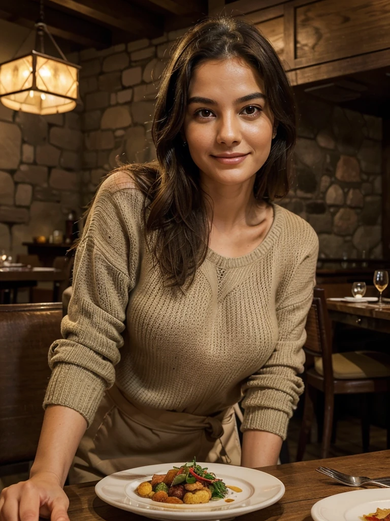 In a gourmet restaurant in Italy, a young woman sits at a table, a slight smile on her lips as she looks at the camera. In front of her is a Michelin-starred dish, a culinary masterpiece beautifully presented with fresh, local ingredients meticulously arranged. The soft light of the setting sun illuminates her face, highlighting her serene expression and delicate features. She wears a light brown sweater that contrasts elegantly with the rustic wooden table and the warm atmosphere of the restaurant. The ambiance is refined and welcoming, typical of Michelin-starred Italian establishments, where every detail is carefully considered to provide an unforgettable experience.
