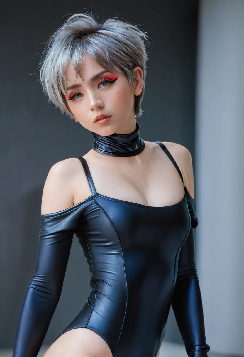 cyber punk edgerunners, One girl, Lucy (cyber punk), Bare shoulders, blue eyes, chest, leotard, View your viewers, medium chest, Off the shoulderジャケット, Off the shoulder, Red eyeliner, short hair, sleeveless turtleneck leotard, alone, turtleneck leotard, Gray Hair, ((masterpiece)) (Highest quality, masterpiece), standing, front view,