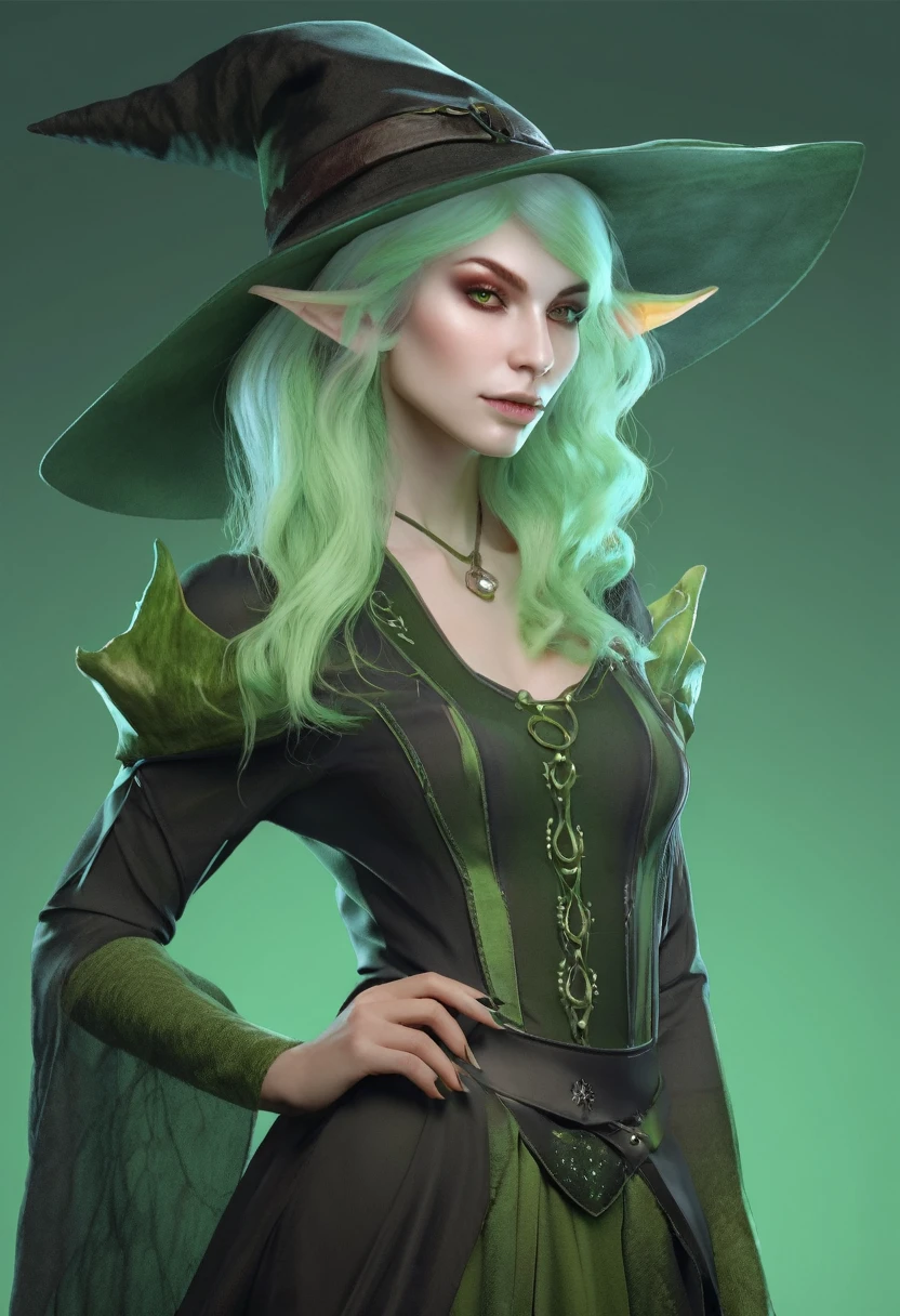 A pale green skin beautiful female witch woman half goblin half human half upper body