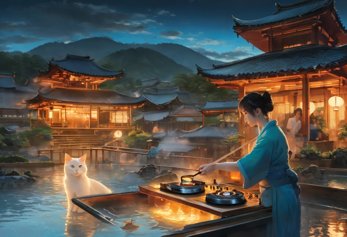 A vibrant onsen event set in a picturesque outdoor landscape with steam rising from the hot springs and lanterns casting a warm glow, where a girl with blue eyes and a cat by her side takes center stage as a DJ, spinning records and energizing the crowd with music, depicted in Dynamic Realism with a focus on capturing the lively energy and intricate details of the scene.