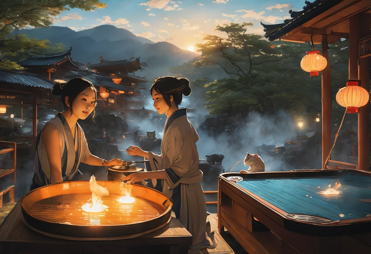 A vibrant onsen event set in a picturesque outdoor landscape with steam rising from the hot springs and lanterns casting a warm glow, where a girl with blue eyes and a cat by her side takes center stage as a DJ, spinning records and energizing the crowd with music, depicted in Dynamic Realism with a focus on capturing the lively energy and intricate details of the scene.