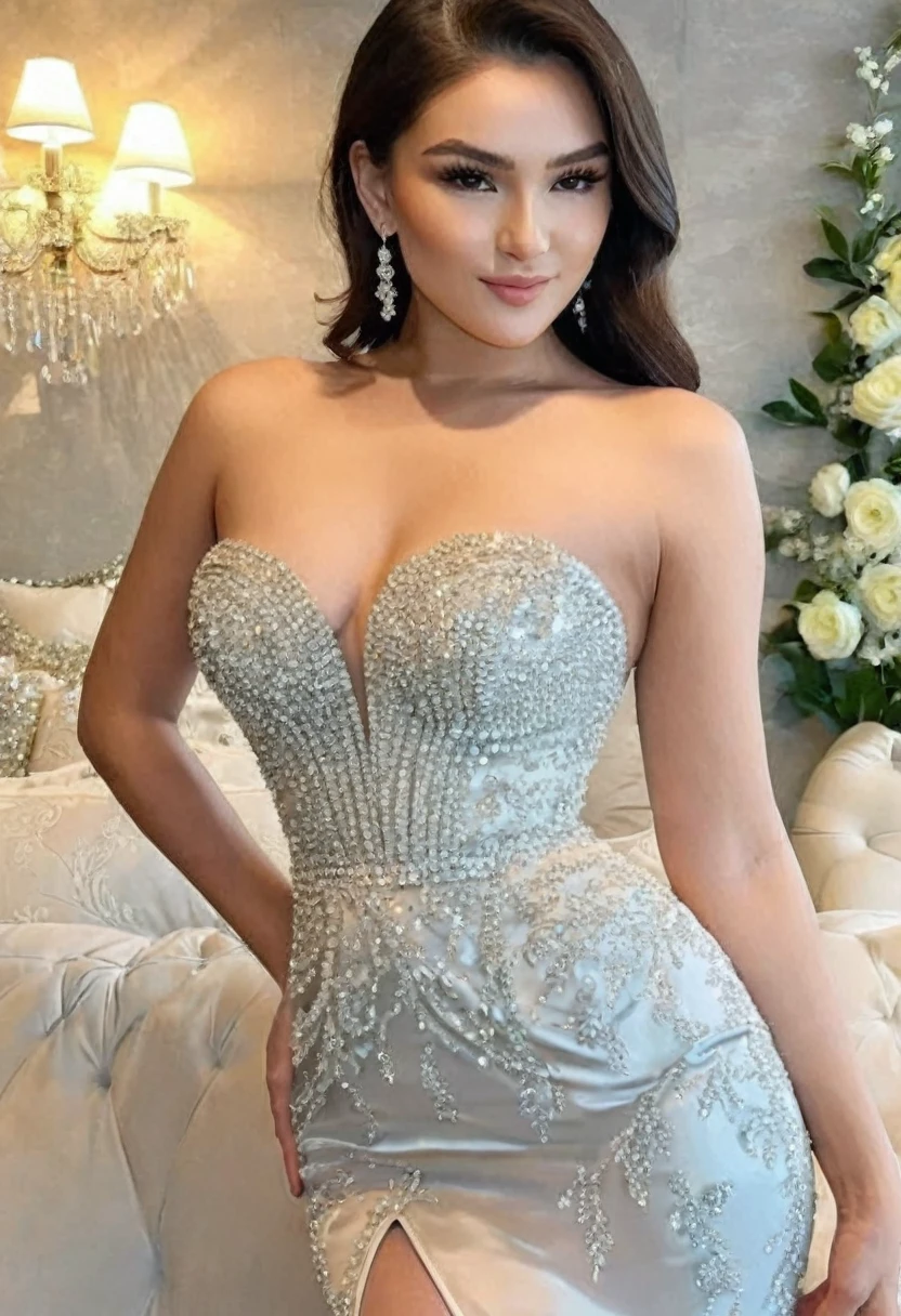 ((high quality:1.2)), (8k), extremely detailed, ((High detail:1.2)), ((best resolution:1.4)), Solo, 24 years old pretty perfect female, ((sexy dress strapless)),