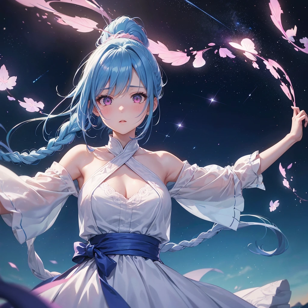 Sky blue hair, (One braided ponytail),(Pink Eyes),Fair skin ,(whole body),(One girl),Orihime,(Sky Yue),Tanabata,(The Milky Way in the night sky),Hollow Eyes,Blushing,Straight bangs,(masterpiece, Highest quality, Very detailed, Best Shadow), (Detailed Background), (Beautifully detailed face), High Contrast, (Best lighting, Very delicate and beautiful), ((Cinematic Light)), colorful, Hyper Detail, Dramatic Light, Intricate details,Open your arms