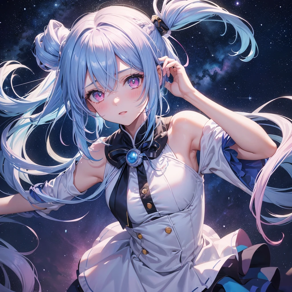 Sky blue hair, (One braided ponytail),(Pink Eyes),Fair skin ,(whole body),(One girl),Orihime,(Sky Yue),Tanabata,(The Milky Way in the night sky),Hollow Eyes,Blushing,Straight bangs,(masterpiece, Highest quality, Very detailed, Best Shadow), (Detailed Background), (Beautifully detailed face), High Contrast, (Best lighting, Very delicate and beautiful), ((Cinematic Light)), colorful, Hyper Detail, Dramatic Light, Intricate details,Open your arms