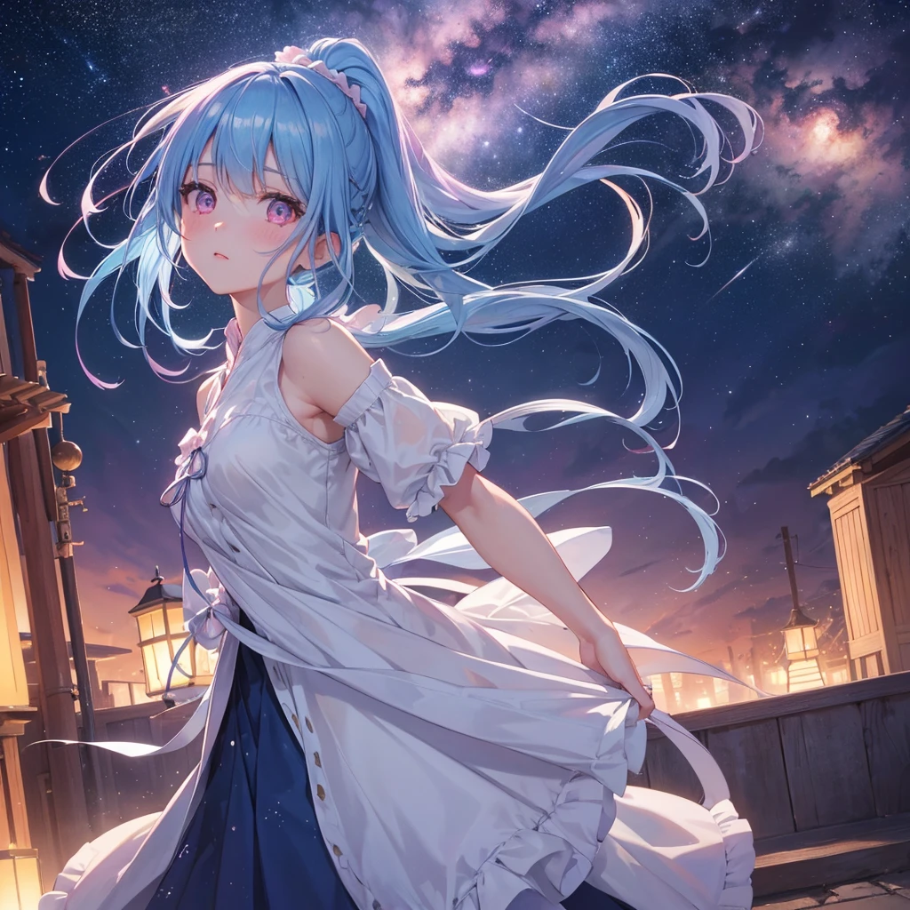 Sky blue hair, (One braided ponytail),(Pink Eyes),Fair skin ,(whole body),(One girl),Orihime,(Sky Yue),Tanabata,(The Milky Way in the night sky),Hollow Eyes,Blushing,Straight bangs,(masterpiece, Highest quality, Very detailed, Best Shadow), (Detailed Background), (Beautifully detailed face), High Contrast, (Best lighting, Very delicate and beautiful), ((Cinematic Light)), colorful, Hyper Detail, Dramatic Light, Intricate details,Open your arms