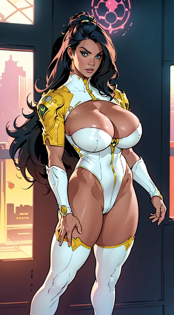 Alison Tyler, 25 anos, lora:AlisonTyler-Real20L:0.9>(((corpo inteiro))) in comic book panel, full body, bold lineart illustration comic,  blue eyes, parted lips, perfect body, curvy, fitness, , in the style of Adam Hughes, (((obra prima))), (((adulto))), long black hair, full-body, green eyes, red dragon tattoo on your left arm, wearing a modern white swinsuit armor , sci-fi, hyperrealistic with intricate details, soft cinematic lighting, 8K resolution, global and volumetric lighting, HDR quality, depth of field, lush cinematography in the style of MDJRN-V4, Alphonse Mucha's intricate detailing, the perfect composition for an art piece trending on ArtStation. Yellow and pink, hyperrealistic with intricate details, soft cinematic lighting, 8K resolution, global and volumetric lighting, HDR quality, depth of field, lush cinematography in the style of MDJRN-V4, the perfect composition for an art piece trending on ArtStation. Yellow and pink, Blade Runner, At the top of a building, leaning against the parapet watching the sunrise