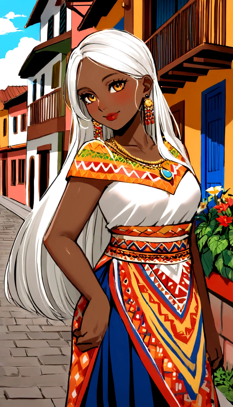 "Imagine a real-life young Colombian woman, precisely 20 years old, with striking white hair that cascades gracefully around her shoulders. Her eyes are a clear, bright shade, akin to the purest hues of a tranquil lake under the sunlight. Her complexion is smooth and bronzed, reminiscent of days spent under the Colombian sun. She exudes a quiet confidence that reflects the resilience and warmth typical of Colombian culture. Her attire blends modern elegance with traditional Colombian colors and patterns, showcasing a contemporary yet culturally rooted fashion sense. Picture her standing against the backdrop of Colombia's vibrant landscapes—the bustling streets of Bogotá or the serene beaches of Cartagena—where her presence embodies youthful vitality and cultural pride."