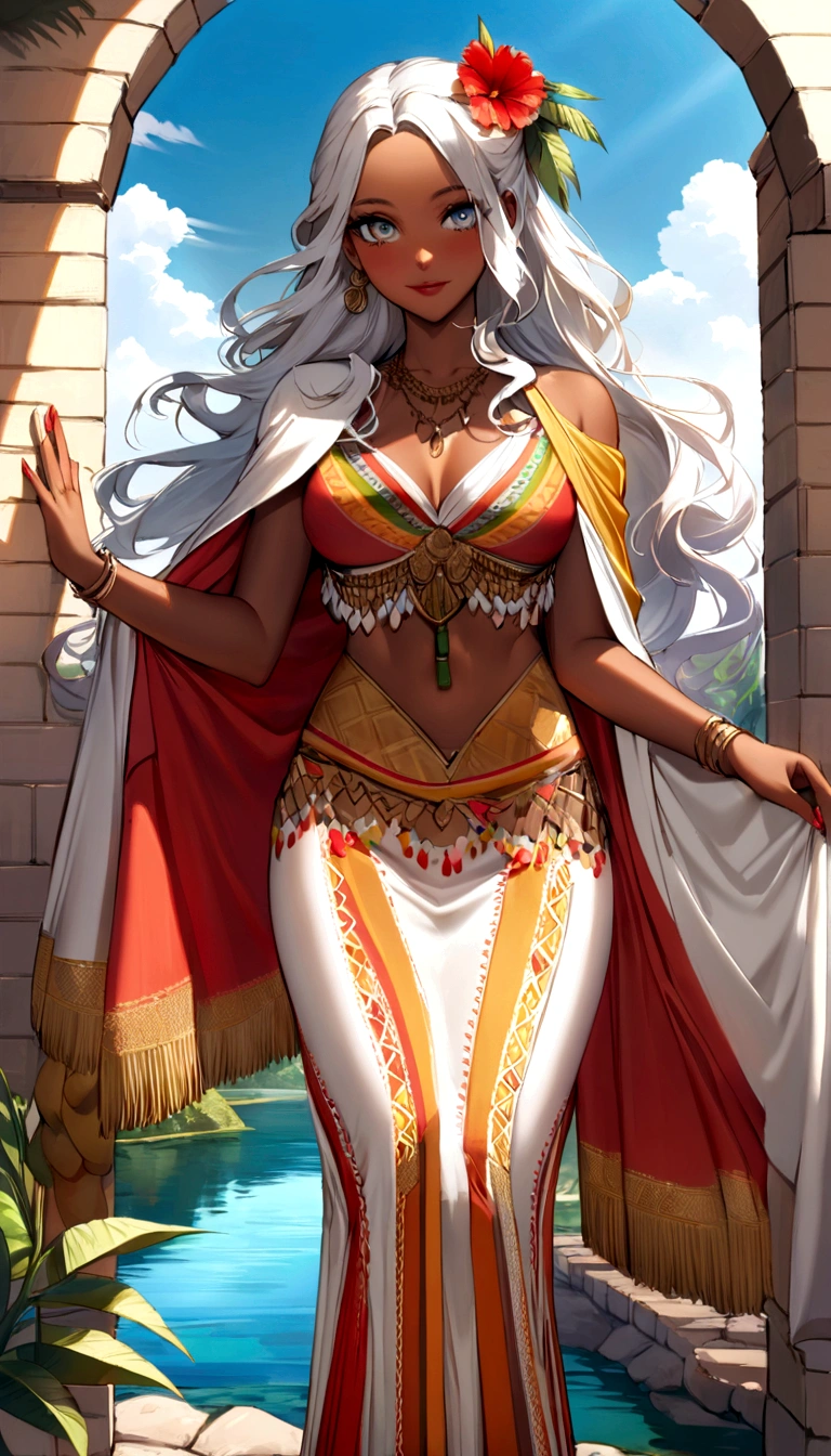 "Imagine a real-life young Colombian woman, precisely 20 years old, with striking white hair that cascades gracefully around her shoulders. Her eyes are a clear, bright shade, akin to the purest hues of a tranquil lake under the sunlight. Her complexion is smooth and bronzed, reminiscent of days spent under the Colombian sun. She exudes a quiet confidence that reflects the resilience and warmth typical of Colombian culture. Her attire blends modern elegance with traditional Colombian colors and patterns, showcasing a contemporary yet culturally rooted fashion sense. Picture her standing against the backdrop of Colombia's vibrant landscapes—the bustling streets of Bogotá or the serene beaches of Cartagena—where her presence embodies youthful vitality and cultural pride."