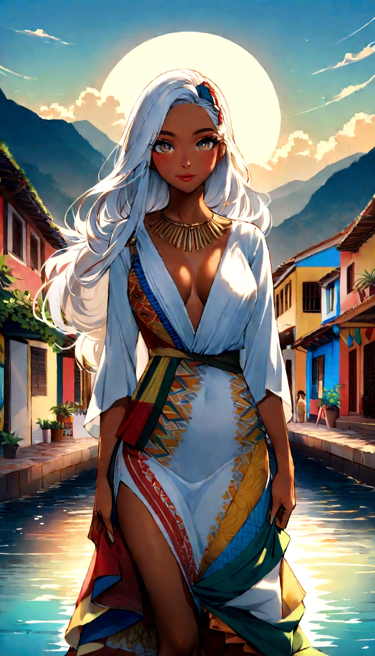 "Imagine a real-life young Colombian woman, precisely 20 years old, with striking white hair that cascades gracefully around her shoulders. Her eyes are a clear, bright shade, akin to the purest hues of a tranquil lake under the sunlight. Her complexion is smooth and bronzed, reminiscent of days spent under the Colombian sun. She exudes a quiet confidence that reflects the resilience and warmth typical of Colombian culture. Her attire blends modern elegance with traditional Colombian colors and patterns, showcasing a contemporary yet culturally rooted fashion sense. Picture her standing against the backdrop of Colombia's vibrant landscapes—the bustling streets of Bogotá or the serene beaches of Cartagena—where her presence embodies youthful vitality and cultural pride."
