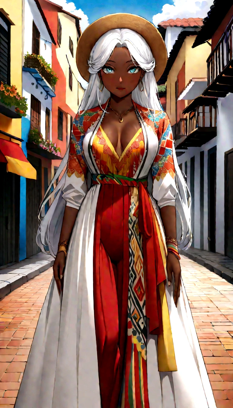 "Imagine a real-life young Colombian woman, precisely 20 years old, with striking white hair that cascades gracefully around her shoulders. Her eyes are a clear, bright shade, akin to the purest hues of a tranquil lake under the sunlight. Her complexion is smooth and bronzed, reminiscent of days spent under the Colombian sun. She exudes a quiet confidence that reflects the resilience and warmth typical of Colombian culture. Her attire blends modern elegance with traditional Colombian colors and patterns, showcasing a contemporary yet culturally rooted fashion sense. Picture her standing against the backdrop of Colombia's vibrant landscapes—the bustling streets of Bogotá or the serene beaches of Cartagena—where her presence embodies youthful vitality and cultural pride."