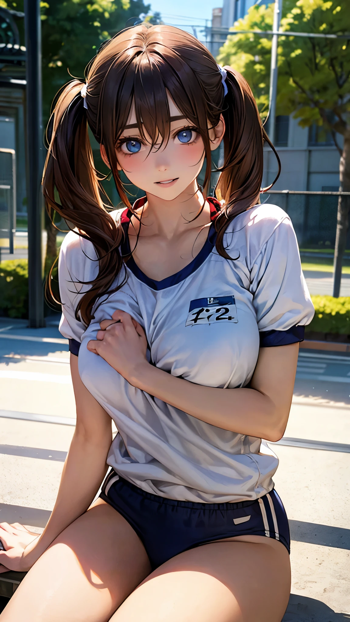 (masterpiece:1.2, top-quality), (realistic, photorealistic:1.4), beautiful illustration, (natural side lighting, movie lighting), nsfw,
looking at viewer, 1 girl, japanese, high school girl, perfect face, cute and symmetrical face, shiny skin,
(middle hair:1.5, twintails:1.2, light brown hair), hair between eyes, blue eyes, big eyes, long eye lasher, (large breasts:0.8, thick thighs), slender,
beautiful detailed hair, beautiful detailed face, beautiful detailed eyes, beautiful clavicle, beautiful body, beautiful chest, beautiful thigh, beautiful legs, beautiful fingers,
(gym uniform, blue buruma),
(beautiful scenery), evening, (school grounds), sitting, (lovely smile, upper eyes, parted lips),