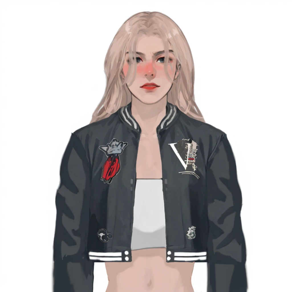 (masterpiece:1.2, best quality), (1girl, solo, upper body:1.2),flat face,Hair: buzz cut, Clothing: oversized, distressed denim jacket with patches and pins, paired with black skinny jeans and combat boots, Hanging out in an underground music venue or street art exhibit