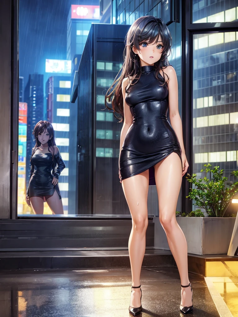 Girl, short tight dress , You can see her breasts, Skyscraper balcony  background, openlegs, night, Bare chest, small breast, slim body, Stiletto Shoes, wet body, Wet hair, rain, tokyo, 