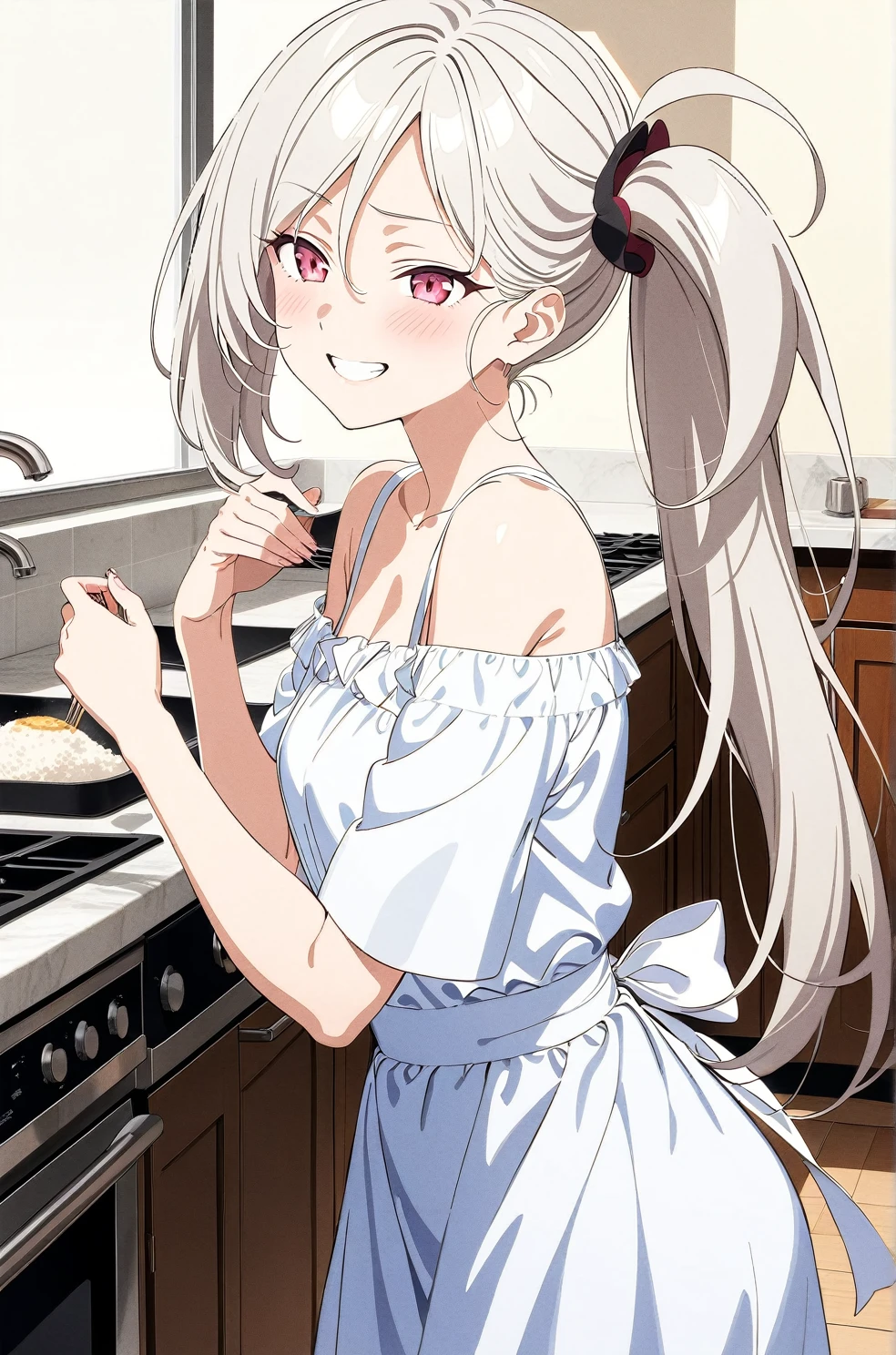 best quality, amazing quality, very aesthetic, absurdres, (1girl, mutsuki, blue archive, solo, red eyes, white hair, side ponytail), (realistic face:0.9),(off-shoulder dress:1.8),dress lift, (grin, blush, thigh:1.3), (cowboy shot), (glowing eyes), (half closed eyes:0.9), (from side:2),(official art:1.3), (kitchen), expressive eyes, perfect face, 4k, extremely detailed anime illustration, extremely detailed eyes, perfect anatomy, light rays, extremely delicate body, smooth skin, (school background:1.5), clear eyes, beautiful face, small breasts,(anime style:1.7), (Warm Light:1.5), (highres:2), In the kitchen, brightly lit by the morning sun, a woman in a white apron is smiling at us. In her right hand is a handful of rice balls, and in her left is a small white plate filled with salt. Her smile is as if she is saying, "Look, it's almost ready.