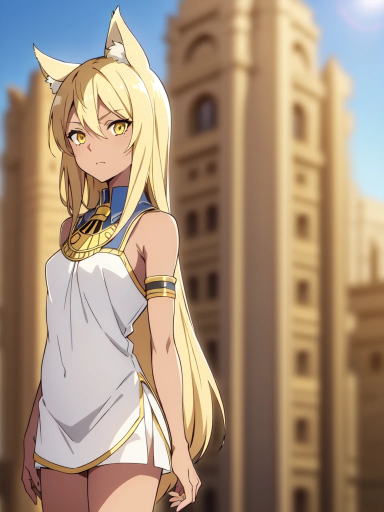 1girl ,solo,20s,mature female,blonde hair,long hair,cat ears,yellow eyes,(((dark skin))),(Egypt city, blue sky, sun),egypt oufit,bare shoulders,form my side