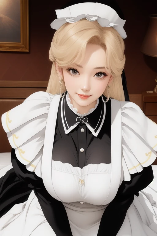 (((Full and soft breasts,)))(((Huge breasts))) (((Cleavage))) (Perfect curvy figure), Not suitable for working hours, (masterpiece:1.3), best quality:1.4, Detailed Unity 8k wallpaper, high resolution, absurd:1.2, Perfect lighting, shadow, Very detailed background, rest
super-perfect anatomy head face limbs arms hands fingers legs:1.4, rest
(Super exquisite 1 girl with huge body、Slender、sagging breasts hands、nose、Character Design、hair、Face、Eye、Ornament Victorian Maid), slim:1.5, Tightening waist:1.3, Solitary, rest
kind eyes, Long eyelashes, Seductive figure, Maria_virtual machine, Smile, Face红:0.2, Kneel down, In the bedroom, on the bed
