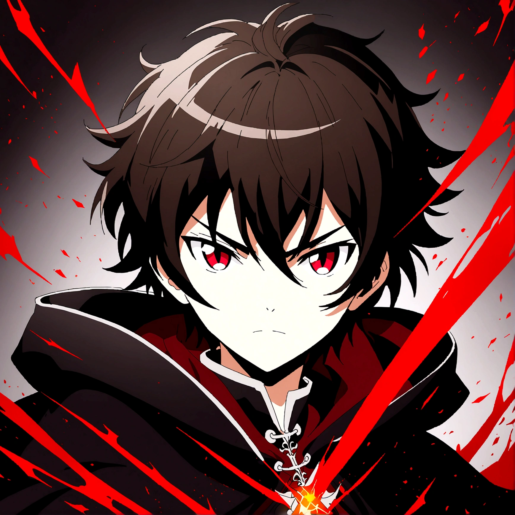 anime style diffusion, upper body, (face to the side 0.3), boy with messy brown hair bright red eyes, (open eyes 0.5), (serious face 0.1), black majestc cloak with red details, upper light, high contrast , 2D style, photoshop, cinematic