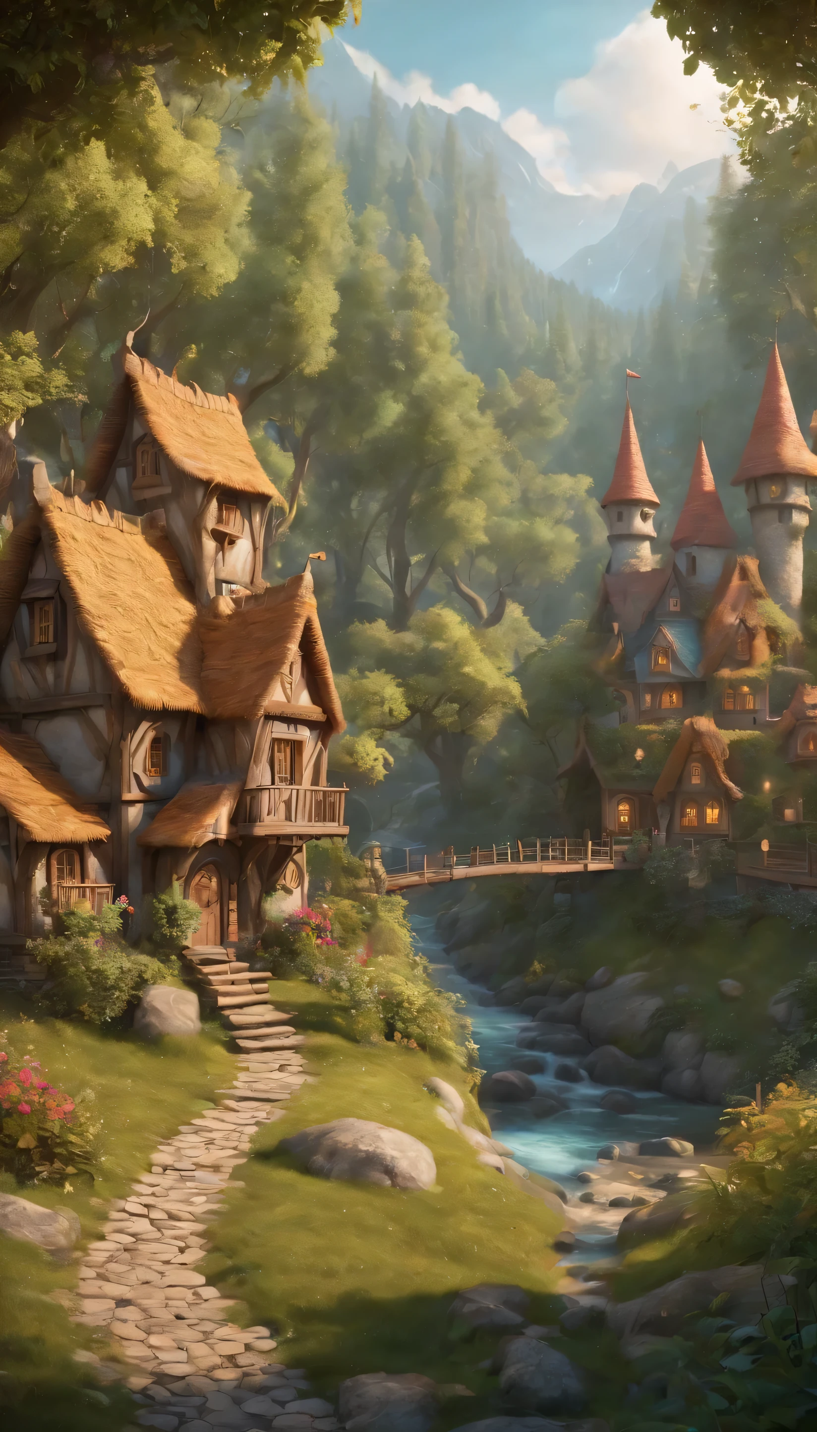 Colorful woods,Cartoon illustration of fantasy forest with tree house and stream, colorful concept art, made of tree and fantasy valley, arte de fundo, fairy kingdom forest, Stylized concept art, enchanted magical fantasy forest, magical fantasy 2 d concept art, fairy tale style background, a bustling magical town, whimsical fantasy landscape art, elf forest background, medeival fantasy town