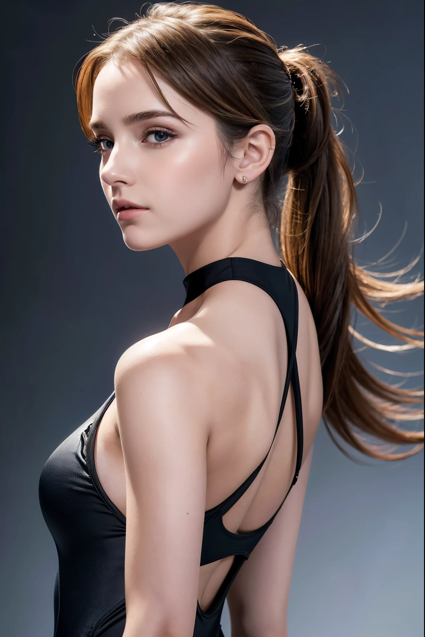 Close-up of a woman with a ponytail and a black dress, Emma Watson wearing fancy fish, Emma Watson, photo of Emma Watson in swimsuit, Emma Watson wearing a swimsuit, Emma!! Watson!!, photo of Emma Watson, of Emma Watson, Emma Watson as driada, face of Emma Watson, Emma Watson as blond aphrodite, clear portrait of Emma Watson, {{{{{{{(masterpiece, .CGI:1.4),(8K raw photo, best quality, masterpiece:1.2) super detailed official art,photorealistic:1.37, (outstanding, professional),masterpiece,best quality,ultra detailed,highres,high-resolution,4K,4Kportrait,8K,8Kportrait,unity8Kwallpaper,extremely detailed CG,realistic,RAW photo,real person,portrait photography,photorealistic,shiny skin,detailed skin,(((dynamic angle full body 
 and dynamic angle wide shot
 and dynamic angle close-up
 and dynamic angle upper body
 and dynamic angle from above
 and dynamic angle from behind
 and dynamic angle from below
 ))),{{{{supermodel }}}},{{{{Photorealistic:1.4}}}}, beautiful detailed, highly detailed eyes and face, beautiful detailed eyes, ridiculous, incredibly ridiculous, super detailed, high resolution, highly detailed, top quality, masterpiece, illustration, highly detailed, CG, unified, 8K wallpaper, amazing, fine detail, masterpiece, top quality, highly detailed CG unified 8K wallpaper, face light, movie lighting,surrealistic female portrait, magic lights, 32K resolution, action poses, realistic photography, dynamic lighting, art station, volume lighting, highly detailed face, awarded, shadows}}}}}}}