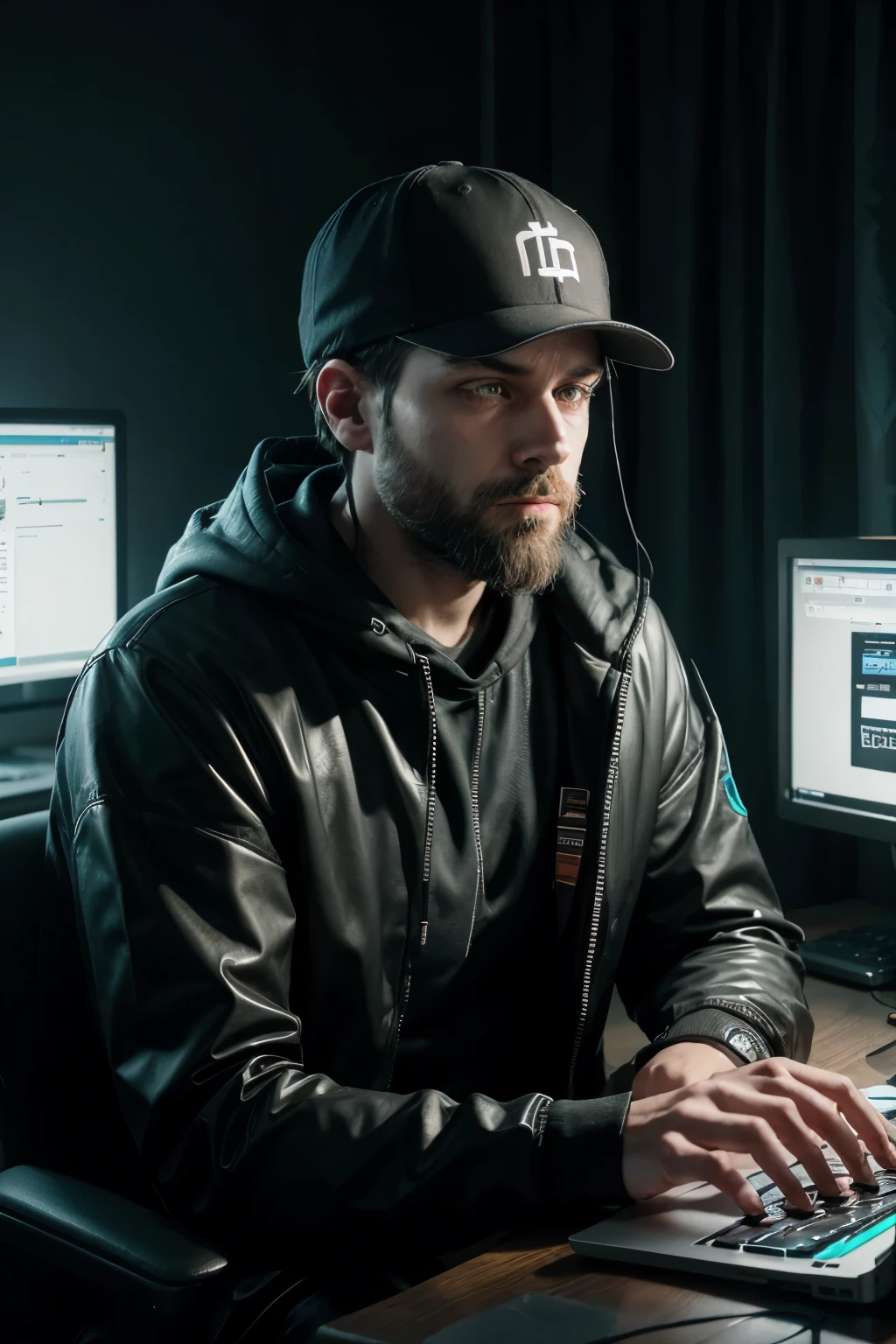 naughty man, dark beard, curtain, headset, baseball cap , cyberpunk, neon, lights, hacking, sitting in front of a computer, hacker /computers, profile photo 1024px, telas de computers, discordant profile photo, taken at the beginning of 2020, high qualiy, perfect  skin, hacking, sitting in front of a computer, laptop ,hacker, mr. robot, f society, coding, terminal, shell, green