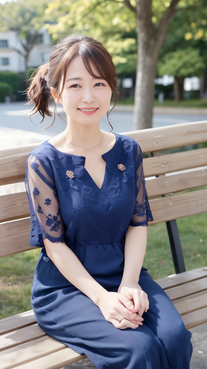 A calm and mature 55 year old Japanese woman, Married women, Delicate features, Long eyelashes, Sparkling eyes, Low Ponytail, Red lipstick, Rosy Cheeks, elegant, Candid pose, Gorgeous Dress, ((whole body)), Floral Room, wallpaper, (Highest quality,8K,High resolution,masterpiece:1.2),, Smiling with teeth showing, Wrinkles around the eyes, Sitting on a park bench, Background Blur