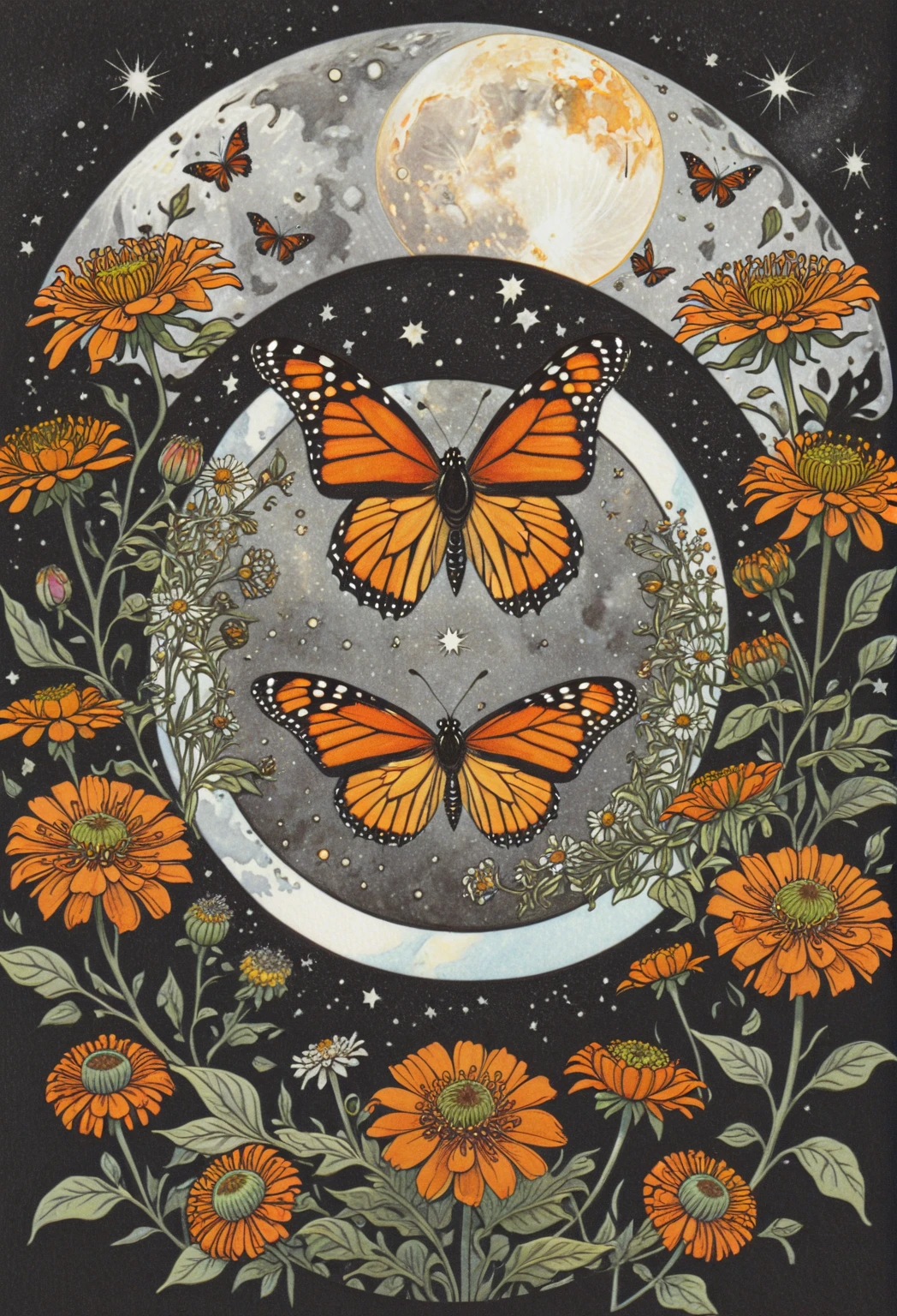 symmetric, balanced, monarch butterfly at the center of the moon surrounded by a frame of zinnia flowers, dark amber and gray colors, ephemeral patterns, witchcore aesthetics, cloisonnism, eleanor vere boyle, Ivan Bilibin Style page, lks73zb1, Inkdrawing, by Kr355e