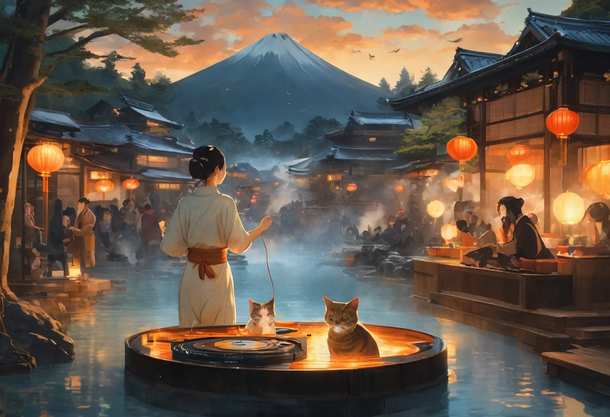 A vibrant onsen event set in a picturesque outdoor landscape with steam rising from the hot springs and lanterns casting a warm glow, where a girl with blue eyes and a cat by her side takes center stage as a DJ, spinning records and energizing the crowd with music, depicted in Dynamic Realism with a focus on capturing the lively energy and intricate details of the scene. 