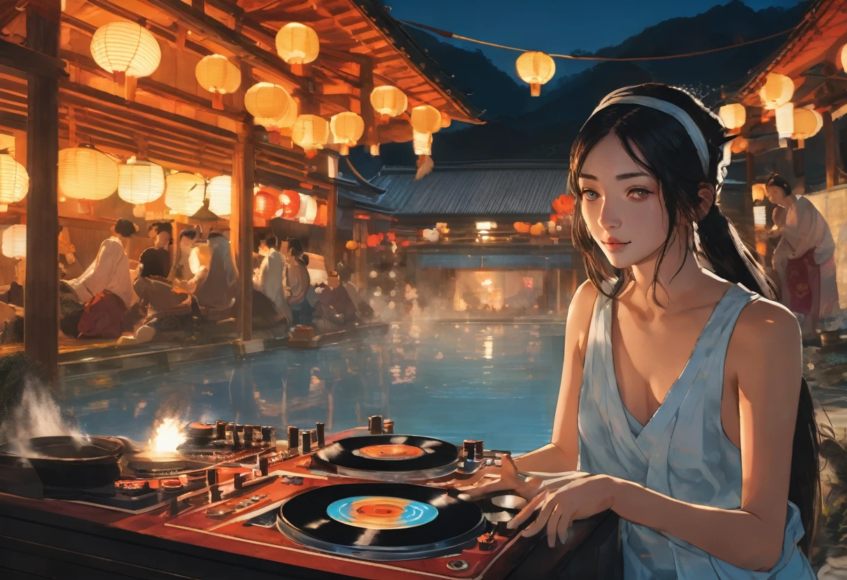 A vibrant onsen event set in a picturesque outdoor landscape with steam rising from the hot springs and lanterns casting a warm glow, where a girl with blue eyes and a cat by her side takes center stage as a DJ, spinning records and energizing the crowd with music, depicted in Dynamic Realism with a focus on capturing the lively energy and intricate details of the scene. 