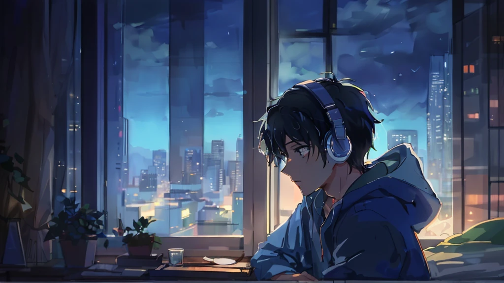 supper: A young character lying in his bed, Listening to music on headphones. The fourth, decorated in 80s retro style, It has a large glass window through which intense rain can be seen. Drops run down the window, creating a melancholic and nostalgic environment.
visual style: 80s anime, with distinctive strokes and vibrant colors. The lighting inside the room is soft, contrasting with the rainy weather outside. 4K, focus on the rain in the window

