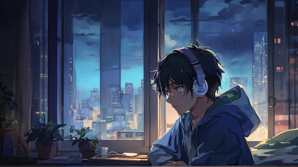 supper: A young character lying in his bed, Listening to music on headphones. The fourth, decorated in 80s retro style, It has a large glass window through which intense rain can be seen. Drops run down the window, creating a melancholic and nostalgic environment.
visual style: 80s anime, with distinctive strokes and vibrant colors. The lighting inside the room is soft, contrasting with the rainy weather outside. 4K, focus on the rain in the window

