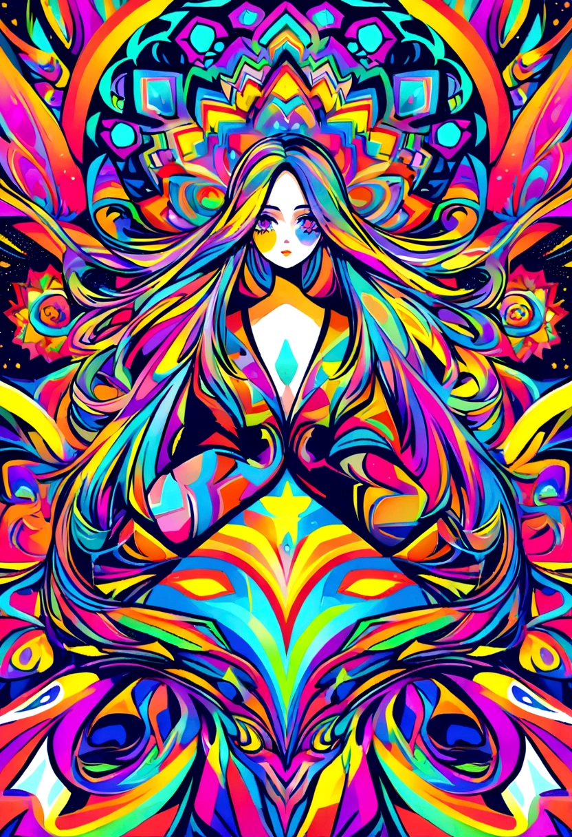 You can create psychedelic t-shirt designs with vibrant colors and abstract figures., but give me only the design not with model