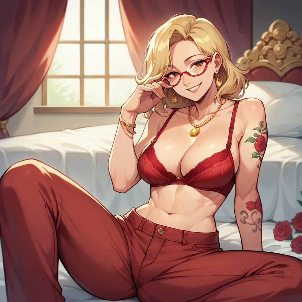 blonde hair woman, milf, red bra, red panties, several golden stones necklaces, golden big chocker, long necklaces, red glasses, roses tattoos covering the entire body, thin chin, sit in bed, removing red bra, red pants, smile