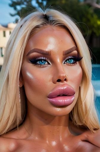 sexy platinum blonde glam bimbo, blue eyes, makeup, tanned skin, big huge fake lips, glam hair, outside mansion pool, big lips, (enormous lips:1.2), (huge lips:1.1), bimbolips, strong lighting, sunlight, 8k, 4k, intricate, detailed face, detailed eyes (best quality,4k,8k,highres,masterpiece:1.2),ultra-detailed,(realistic,photorealistic,photo-realistic:1.37)