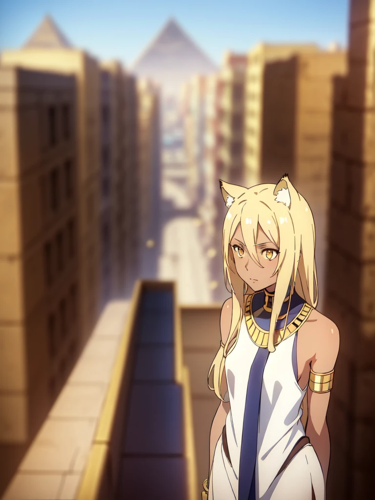 1girl ,solo,20s,mature female,blonde hair,long hair,cat ears,yellow eyes,(((dark skin))),(Egypt city, blue sky, sun),egypt oufit,bare shoulders,looking at view