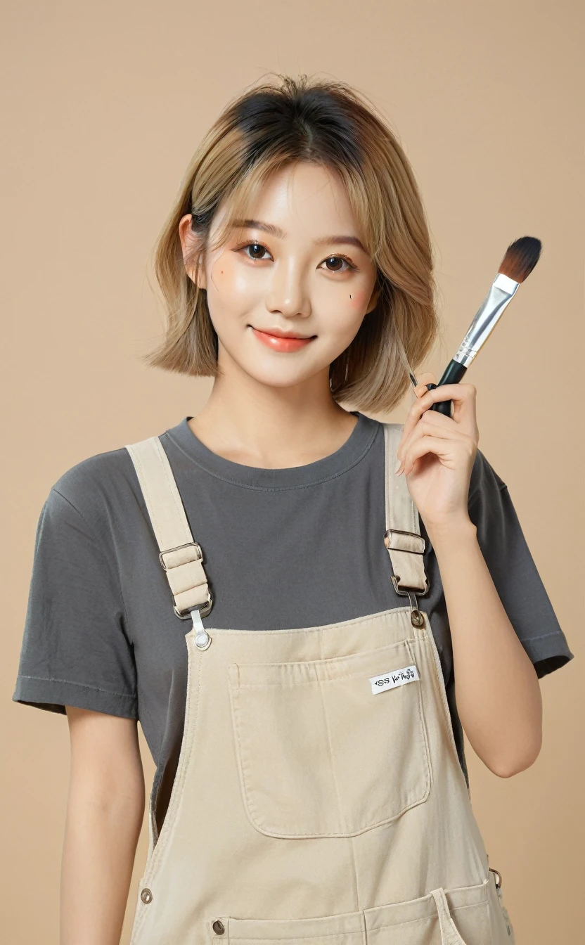 Realistic,Portrait of a young Korean idol girl with beautiful eyes,Upper Body,Cute blonde Korean bob,indoor,A simple beige background with a tilted face,自然な可愛いsmile,,Dark grey tight T-shirt,Beige overalls,holding a palette of paints in his left hand,Holding a brush in your right hand,Popular Korean makeup,smile,Paint on face,photoRealistic,