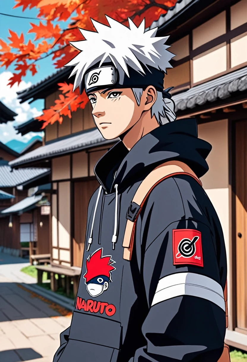 Hatake Kakashi from naruto wearing hypebeast streetwear detailed image beautiful face beautiful image anime drawing art style hidden leaf village background
