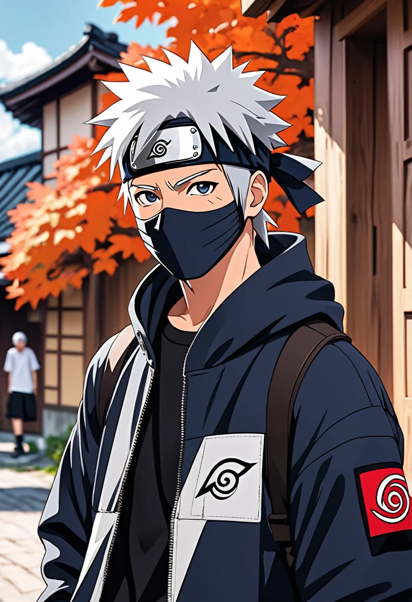 Hatake Kakashi from naruto wearing hypebeast streetwear detailed image beautiful face beautiful image anime drawing art style hidden leaf village background