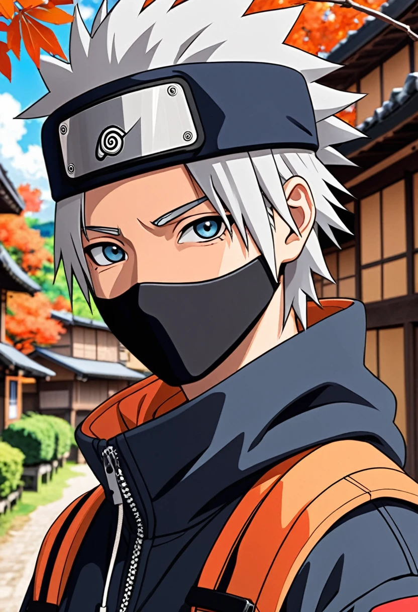 Hatake Kakashi from naruto wearing hypebeast streetwear detailed image beautiful face beautiful image anime drawing art style hidden leaf village background