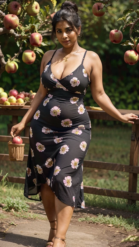 Sri lankan aunty 45 years old curvy body sexy figure fat hairbun wearing flower pattern tight long dress at apple gardern plucking apples