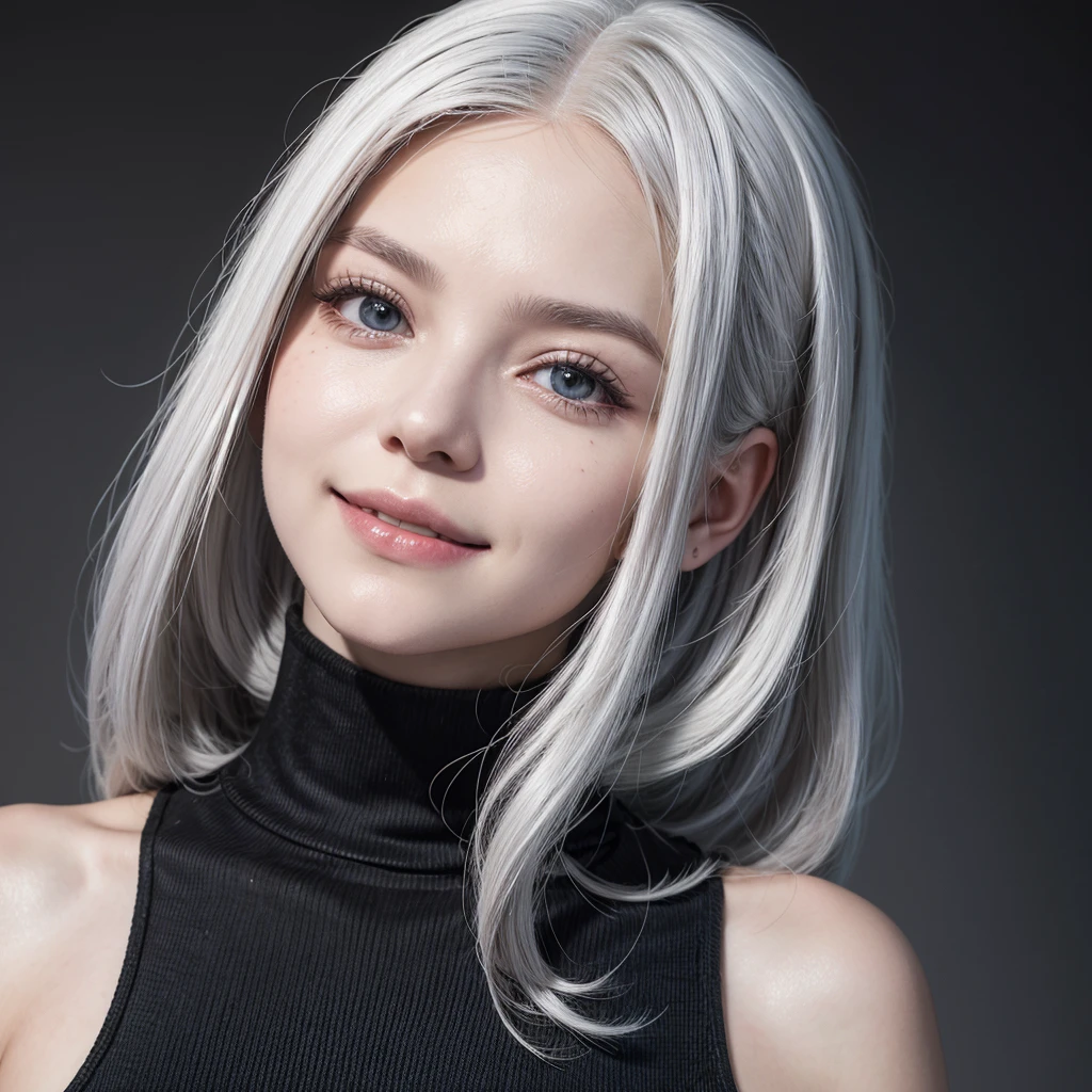 Girl with white hair and wearing a black turtleneck,She smiling, doing anime-like poses