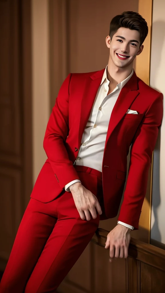 man wearing red suit,Smile1.5,Masterpiece,height,Very detailed,best quality,full body photo ,realistic,raw image, art station,short hair, handsome, Anatomically correct, detailed skin, (detailed face), Very detailed and delicate eyes, Clean and shiny lips, (Very detailed:1.3), (best quality:1.3), (Masterpiece, 8K:1.3), (realistic:1.3), natural light
