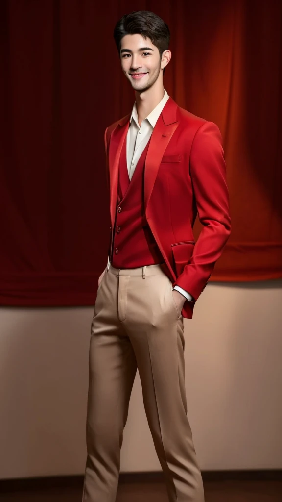 man wearing red suit,Smile1.5,Masterpiece,height,Very detailed,best quality,full body photo ,realistic,raw image, art station,short hair, handsome, Anatomically correct, detailed skin, (detailed face), Very detailed and delicate eyes, Clean and shiny lips, (Very detailed:1.3), (best quality:1.3), (Masterpiece, 8K:1.3), (realistic:1.3), natural light