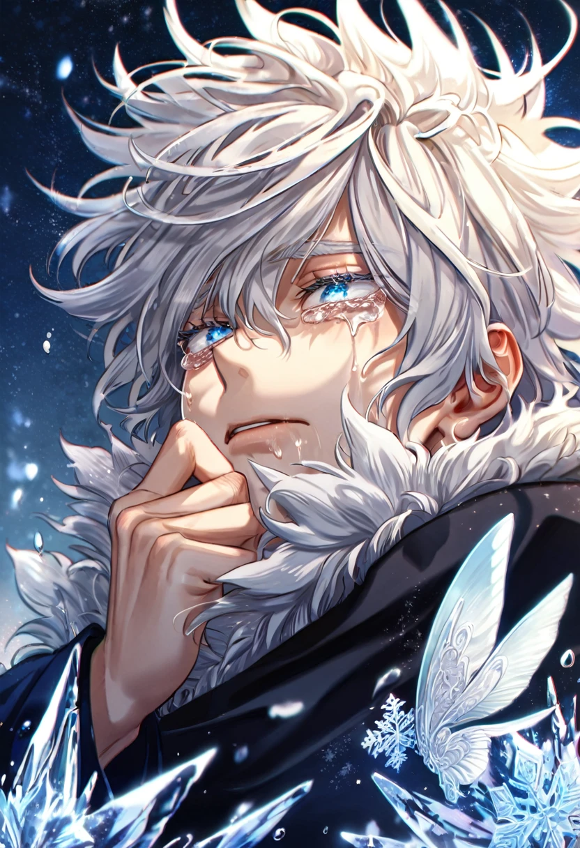 absurdres, highres, ultra detailed, HDR, master piece, best quality, extremely detailed face, delicated features, Gojou Satoru, white hair, messy hair, hair between the eyes, expressive crying blue eyes, white eyelashes, Boku No Hero Academia, sexy man, solo, handsome, sadness, tears, sad, blue jacket with fur, black shirt, black pants, fantasy, magical, ice, ice butterflies, snowflakes, starry night, ice style