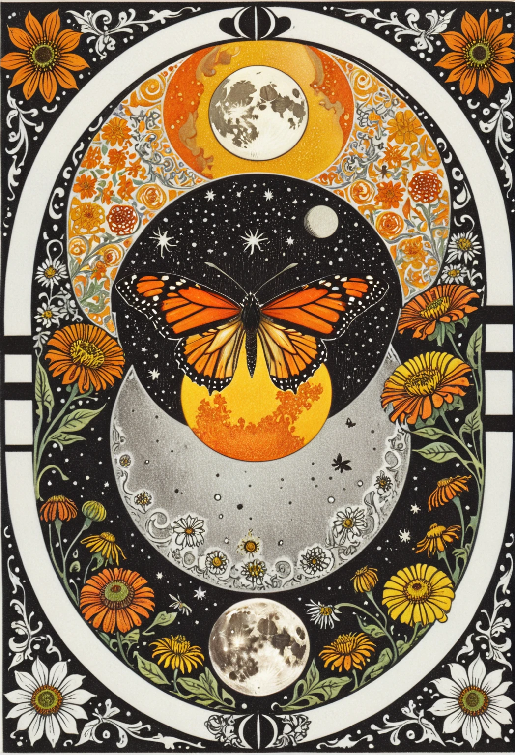 symmetric, balanced, monarch butterfly at the center of the moon surrounded by a frame of zinnia flowers, dark amber and gray colors, ephemeral patterns, witchcore aesthetics, cloisonnism, eleanor vere boyle, Ivan Bilibin Style page, lks73zb1, Inkdrawing, by Kr355e