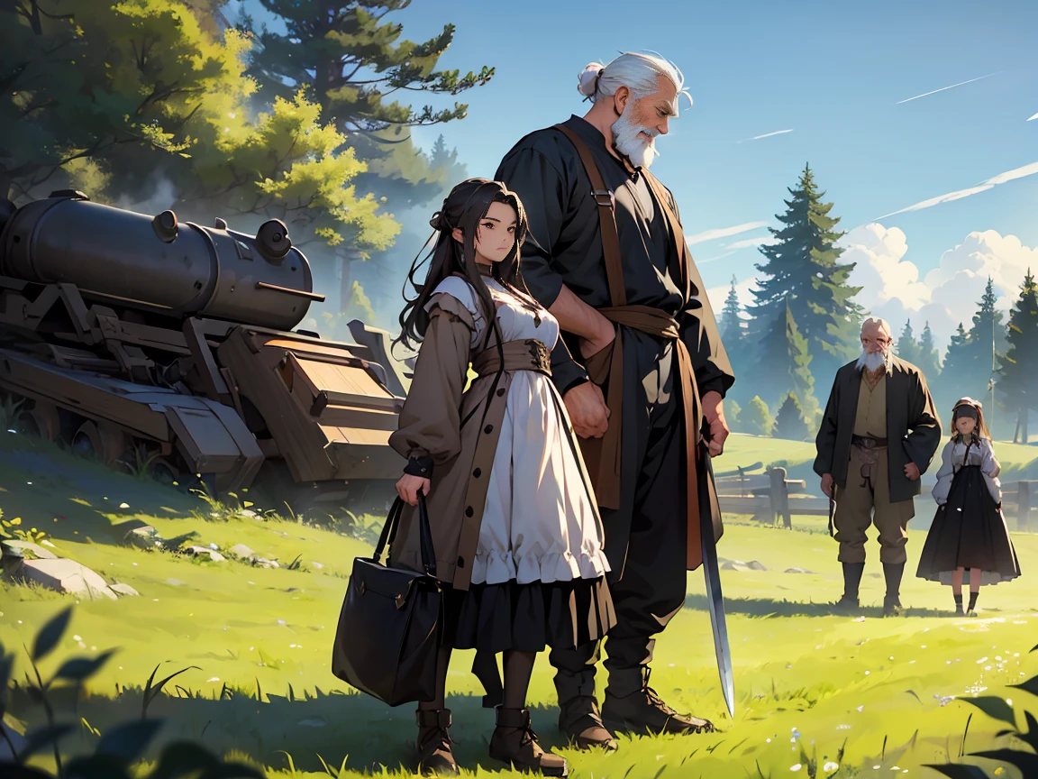 Make for me FOUR DISTINCT anime characters in a field a warrior holding a sword at her side a woman with ta style and black clothes behind them a robust old man lumberjack, and by his side a miner holds a pickaxe