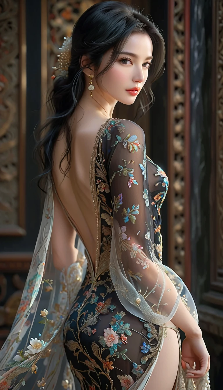 ((最大16K解像度のmasterpiece:1.6)),beautiful,Highest quality,Absolutely wonderful,Very detailed,Ultra-high resolution,masterpiece,Realistic,Realistic,Increased depth of field,Cinematic Light,
One elegant mature woman, Long black hair,精巧なディテールのbeautiful顔,Face with a gentle expression,Transparent white skin,Very delicate skin texture,Great proportions,Glamorous Body,Anatomically correct body,
high slit dress,Gorgeous colors,Gorgeous and detailed pattern,Beautifully detailed pattern,Detailed cloth texture,
((Dark Background:1.5)),((Dramatic Angle:1.3)),